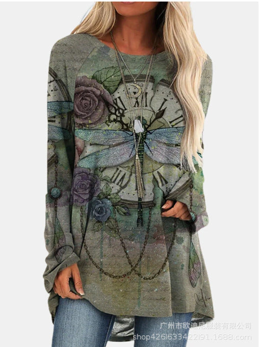 Retro butterfly print gradient long-sleeved T-shirt