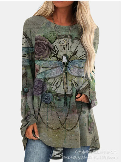 Retro butterfly print gradient long-sleeved T-shirt