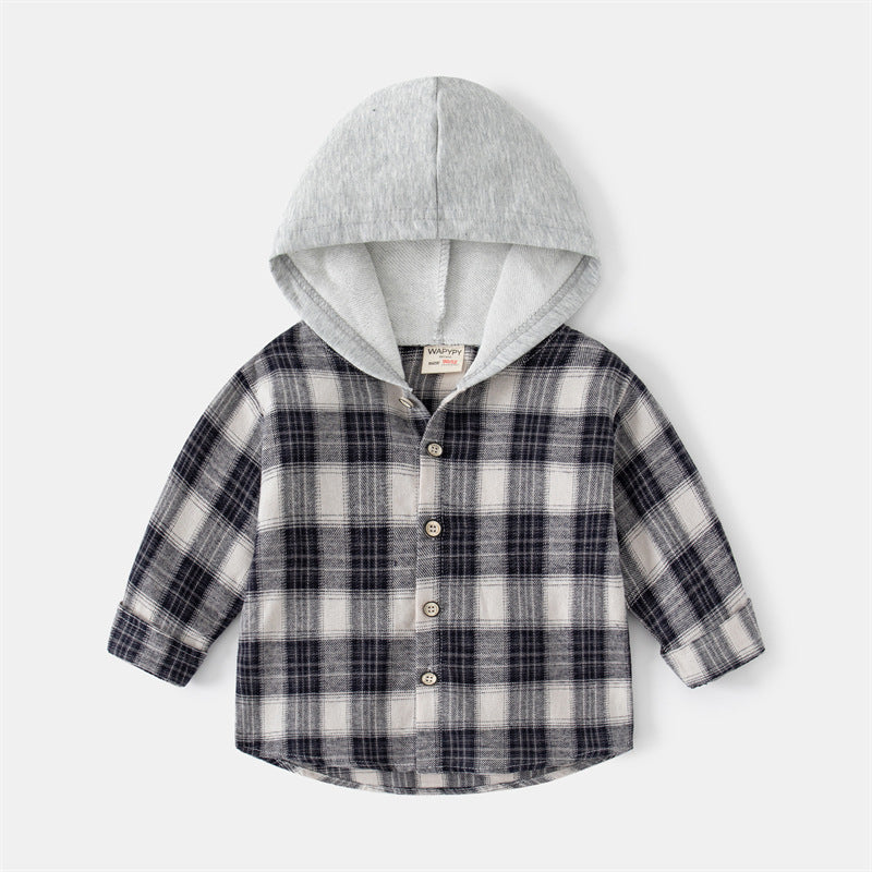 Korean Style Children's Long-sleeved Shirt Baby Plaid Hooded Shirt Trendy