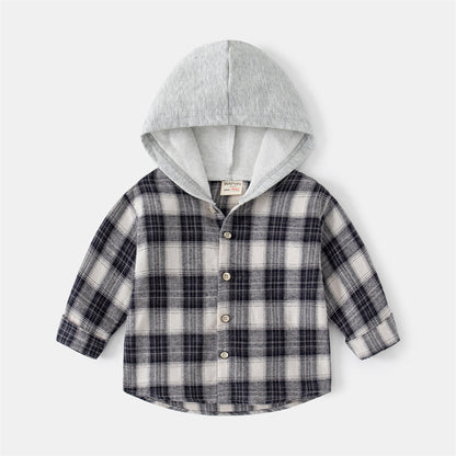 Korean Style Children's Long-sleeved Shirt Baby Plaid Hooded Shirt Trendy