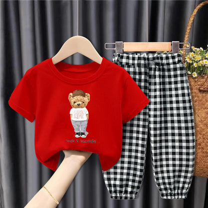 Middle-aged Children's Fashionable And Handsome Loose Plaid Anti-mosquito Pants Two-piece Suit