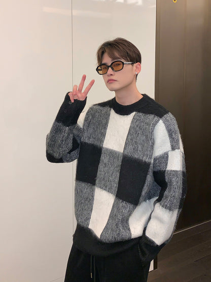 Plaid Color Contrast Crewneck Sweater Men Loose Winter Niche Fashion