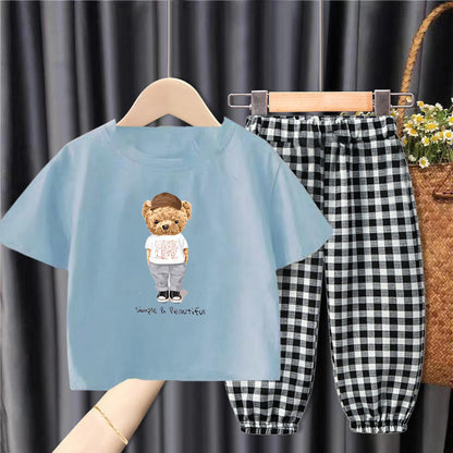 Middle-aged Children's Fashionable And Handsome Loose Plaid Anti-mosquito Pants Two-piece Suit