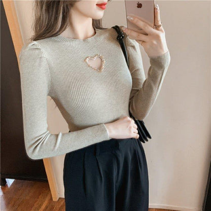 New Hollow Heart Beaded Knitted Bottom Shirt For Women