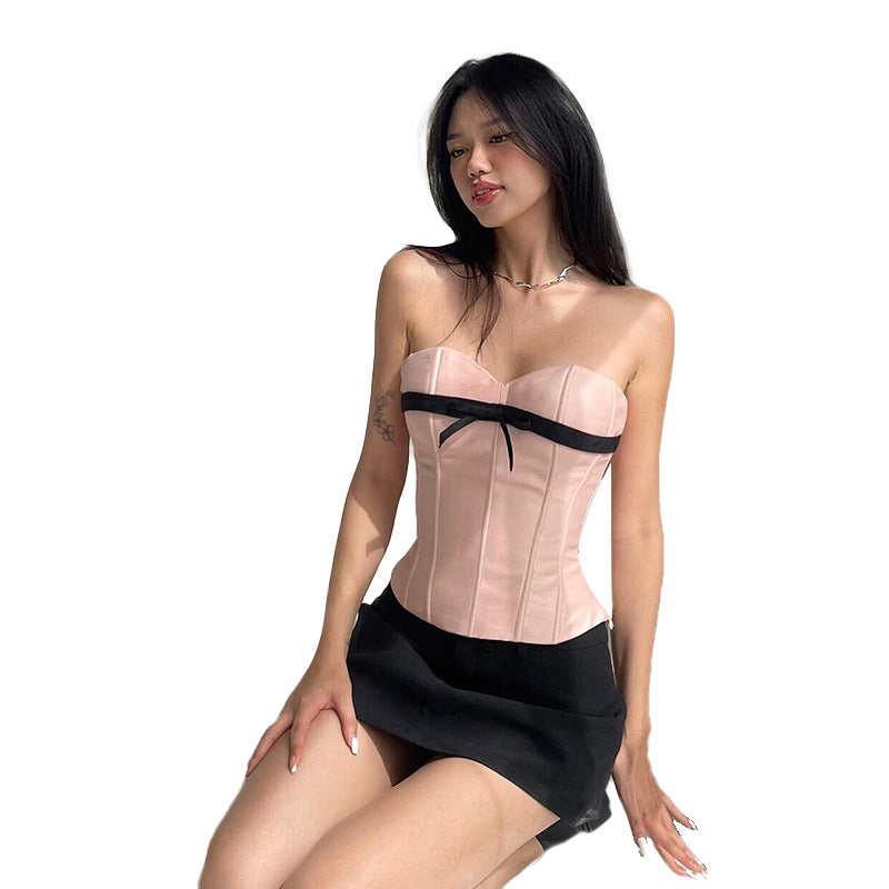 Bow Contrast Color Waist Back Fashion All Match
