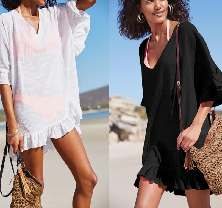 Solid Color Sun Protection Shirt Ruffled V-neck Bikini Loose Blouse