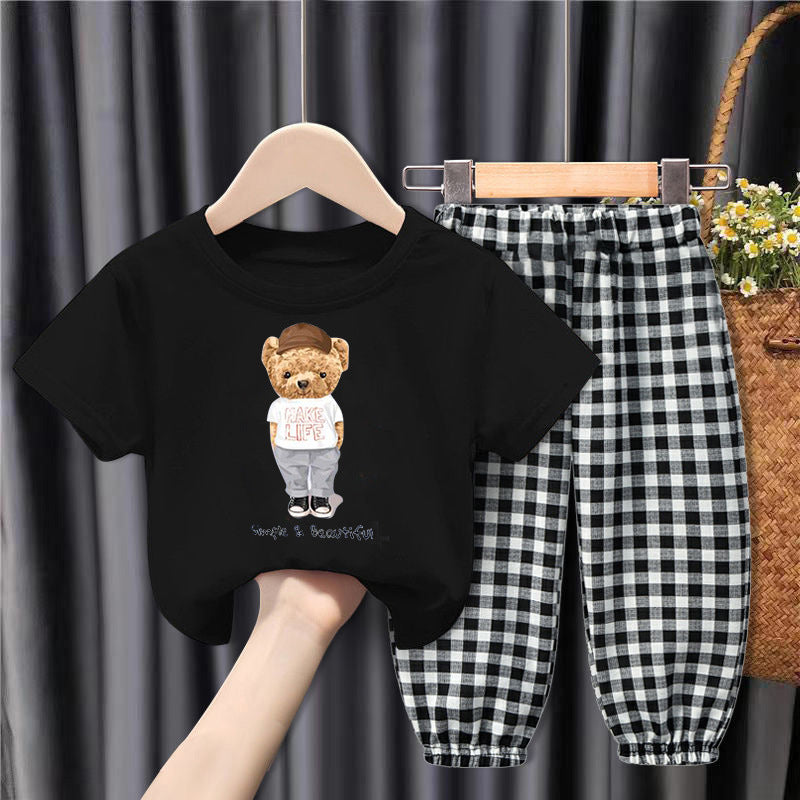 Middle-aged Children's Fashionable And Handsome Loose Plaid Anti-mosquito Pants Two-piece Suit
