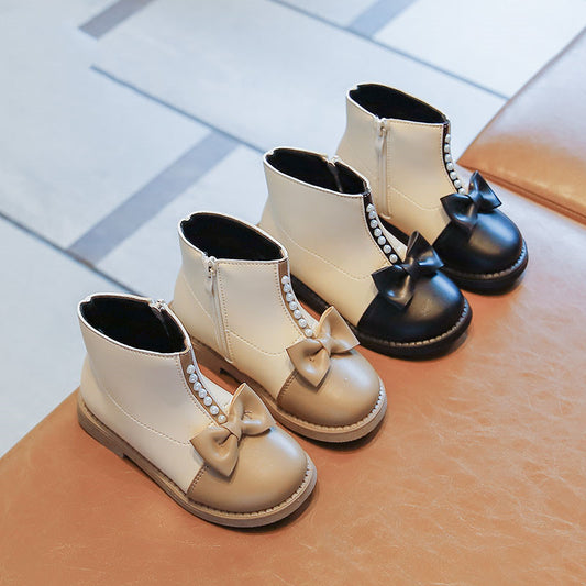 Girls Plus Velvet Warm Short Boots Bow Pearls