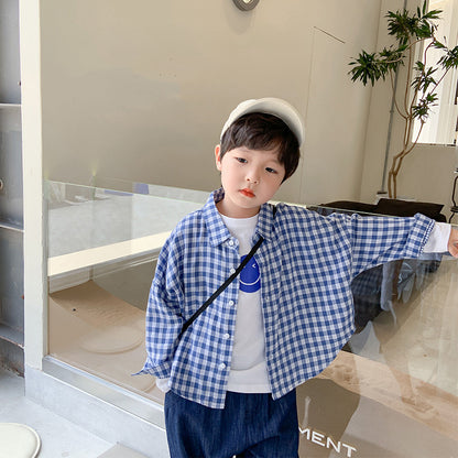 Fashion Boys Autumn Blue Plaid Shirt