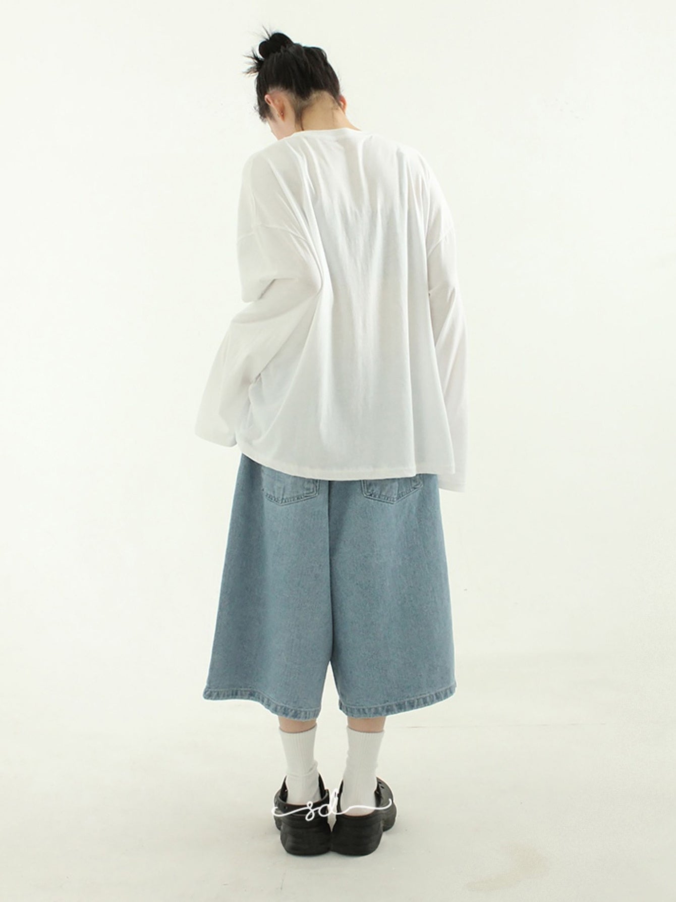 American Retro Denim Cropped Pants Women's Elastic Waist Straight Wide Leg Loose Thin Over The Knee