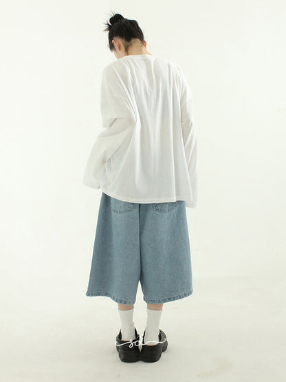 American Retro Denim Cropped Pants Women's Elastic Waist Straight Wide Leg Loose Thin Over The Knee