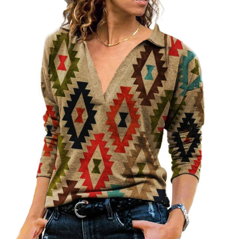 Ladies Retro Print V Neck Long Sleeves