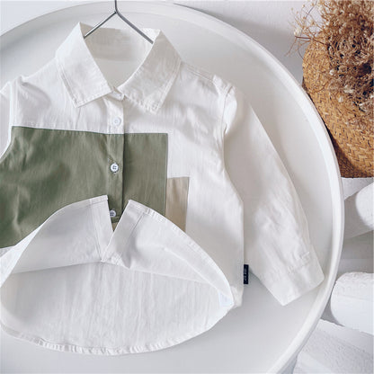 Children Boys Stitching Cotton Shirt Long Sleeves