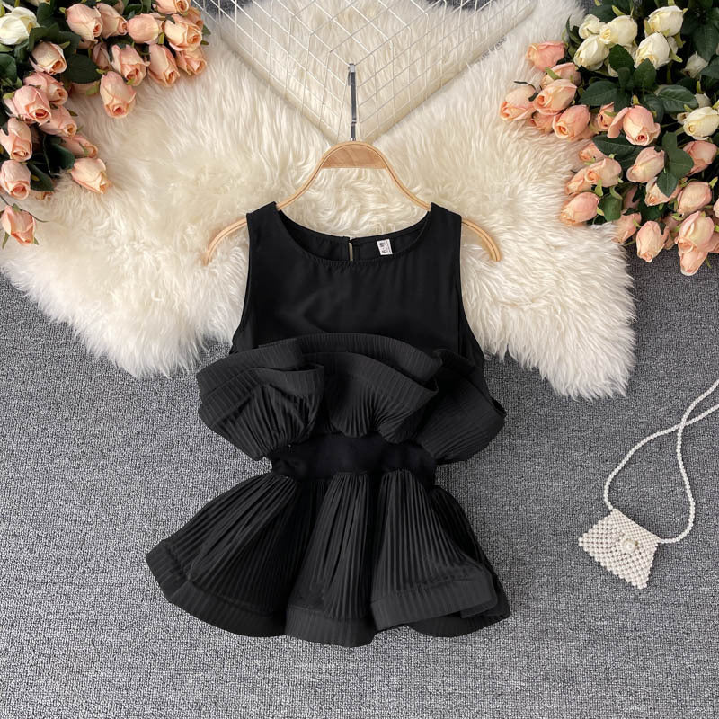 Design Sense Of Niche Three-dimensional Pleated Ruffled Waist, Slimmer Sleeveless Chiffon Shirt