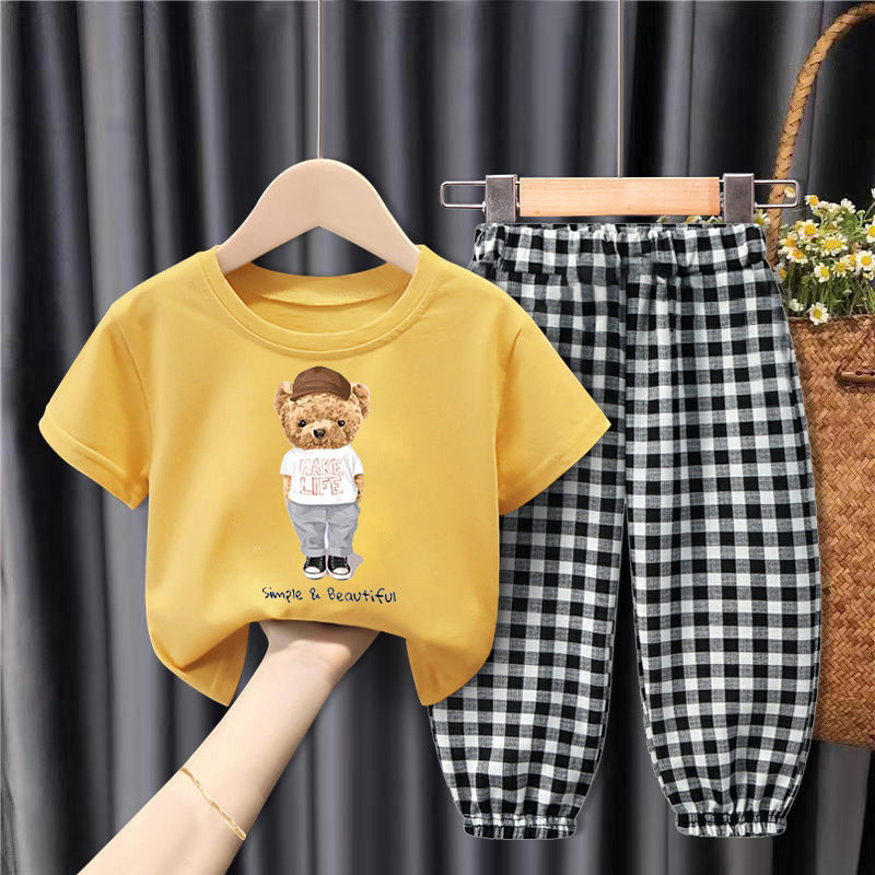 Middle-aged Children's Fashionable And Handsome Loose Plaid Anti-mosquito Pants Two-piece Suit