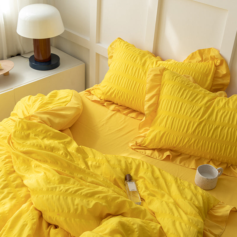 Spring Seersucker Princess Style Pure Color Washed Cotton Four-piece Suit