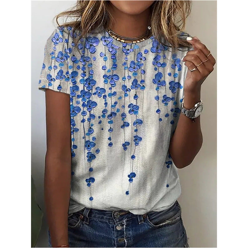 Floral Digital Printed Round Neck Short Sleeve T-shirt