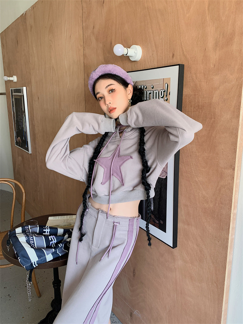 Retro Niche Five-pointed Star Hooded Short Purple Sweater Women