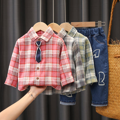 Boys Suit New Casual Sports Plaid Shirt