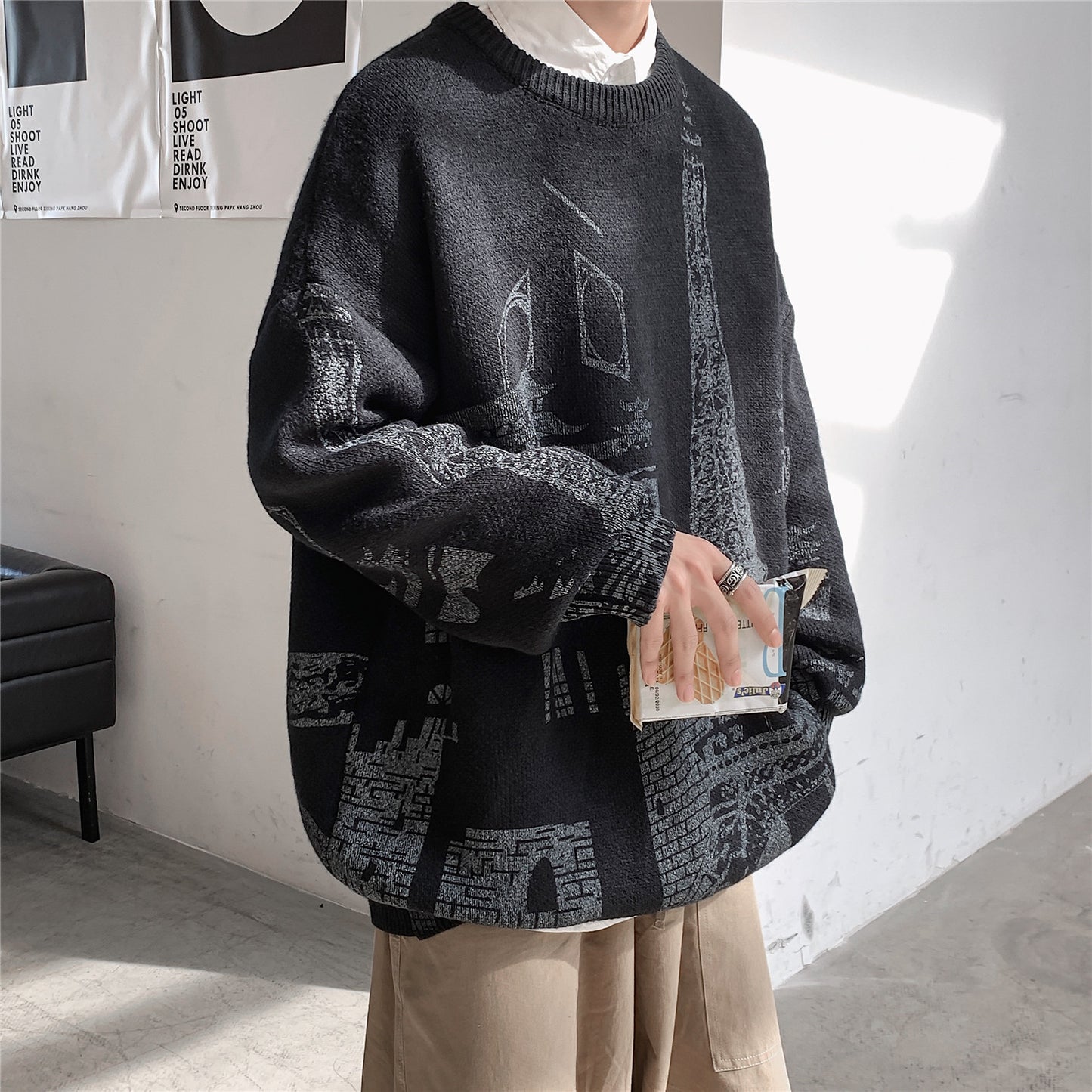 Iron Tower Printed Men's Loose Large Round Neck Sweater