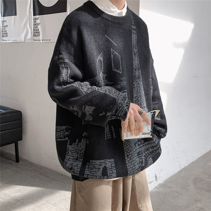 Iron Tower Printed Men's Loose Large Round Neck Sweater