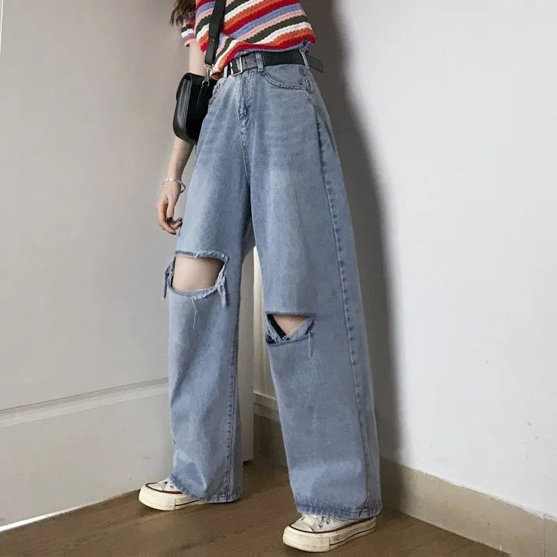 Loose Slimming High Waist Student Straight Knee Ripped Jeans Women