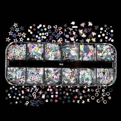 New 12-grid Boxed Mixed Color Nail Sequins Laser Maple Leaf Stars Heart DIY Ornament