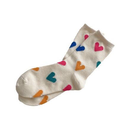 Color Matching Thick Thread Colored Loving Heart Pure Cotton Mid-calf Length Socks