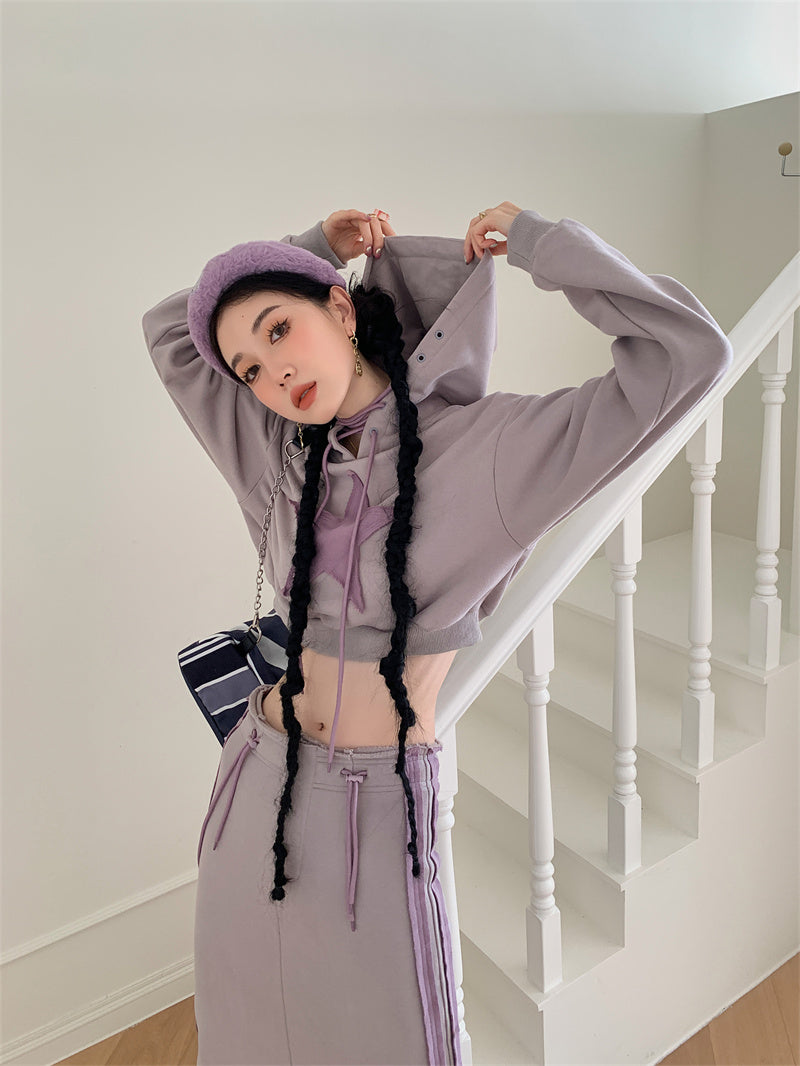 Retro Niche Five-pointed Star Hooded Short Purple Sweater Women