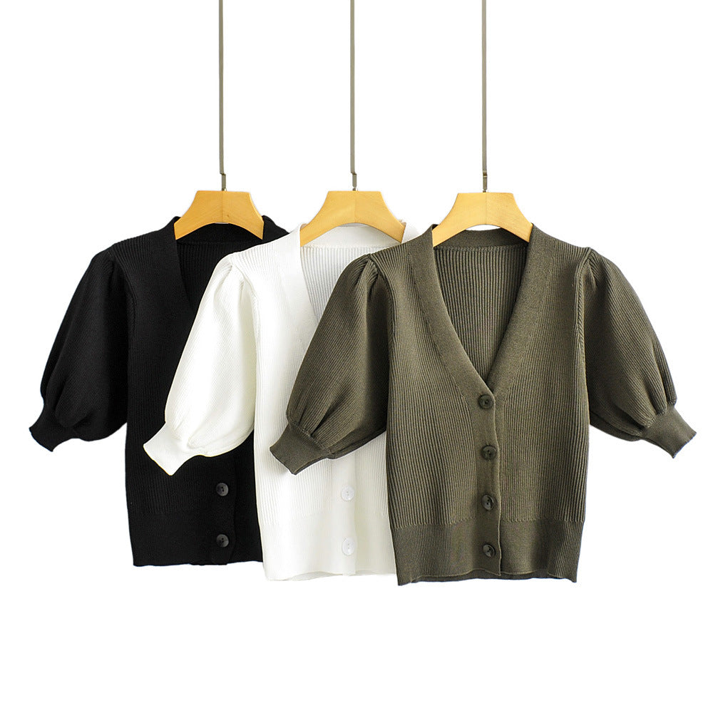 Ladies Pure Color Puffy Sleeve Knit Cardigan Short Jacket Thin