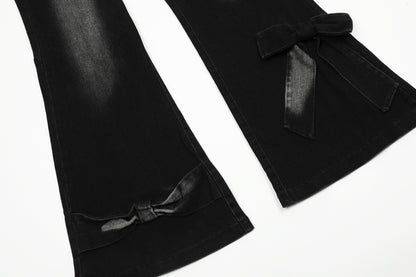 Real Shot American Retro Cute Bow Denim Trousers