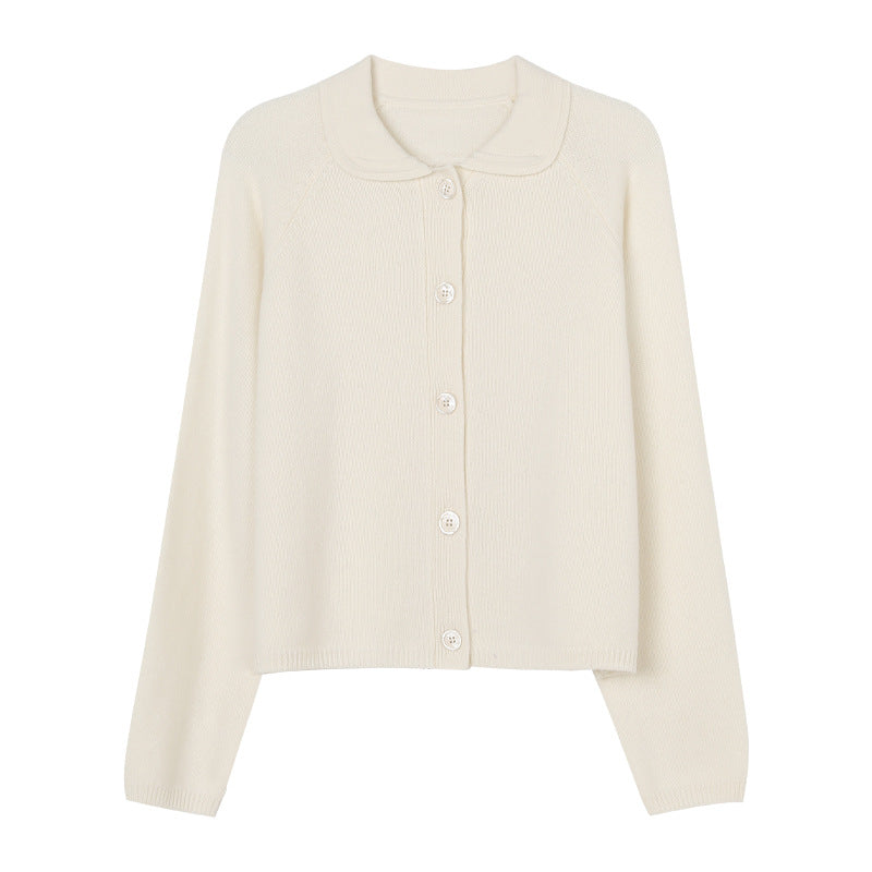 White Lapel Knitted Cardigan Loose Solid Color