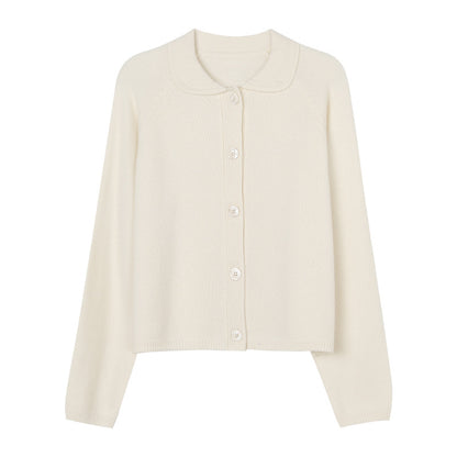 White Lapel Knitted Cardigan Loose Solid Color