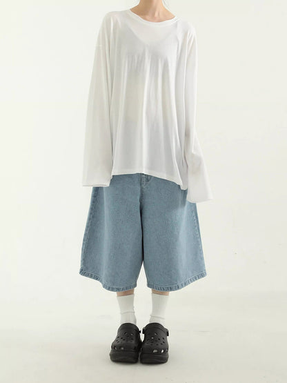 American Retro Denim Cropped Pants Women's Elastic Waist Straight Wide Leg Loose Thin Over The Knee