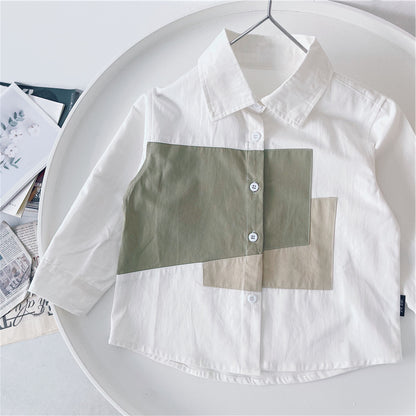 Children Boys Stitching Cotton Shirt Long Sleeves