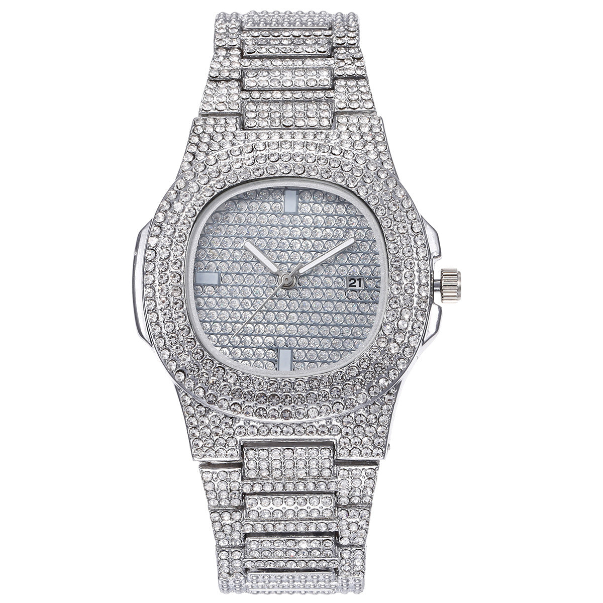 Hip Hop Full Rhinestone Diamond Steel Band Quartz Watch Necklace Bracelet
