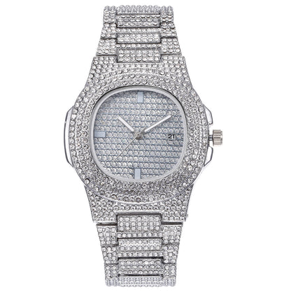 Hip Hop Full Rhinestone Diamond Steel Band Quartz Watch Necklace Bracelet