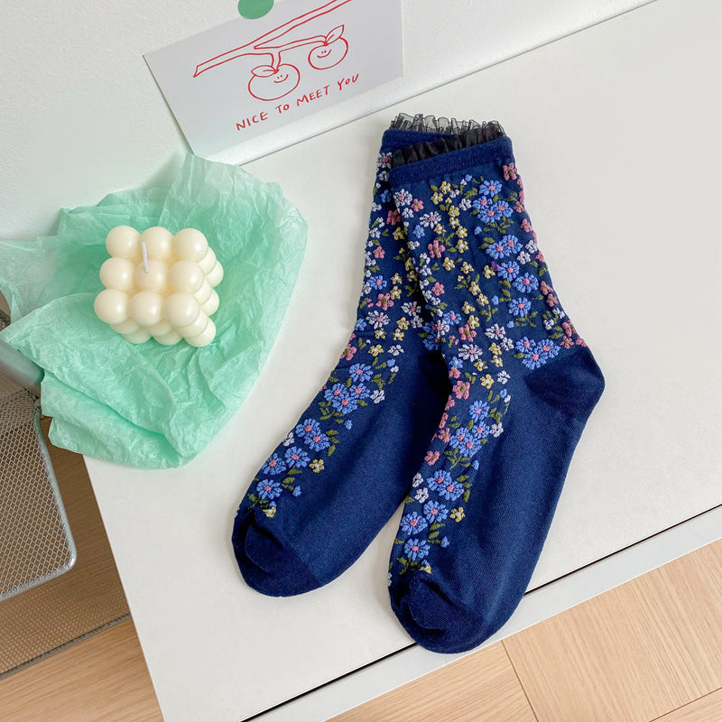 Ethnic Style Retro Embossed Jacquard Mid Tube Cotton Women's Socks