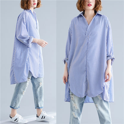 Plus Size Women's 200 Kg Autumn Coat Was Thin Striped Shirt Covering Meat