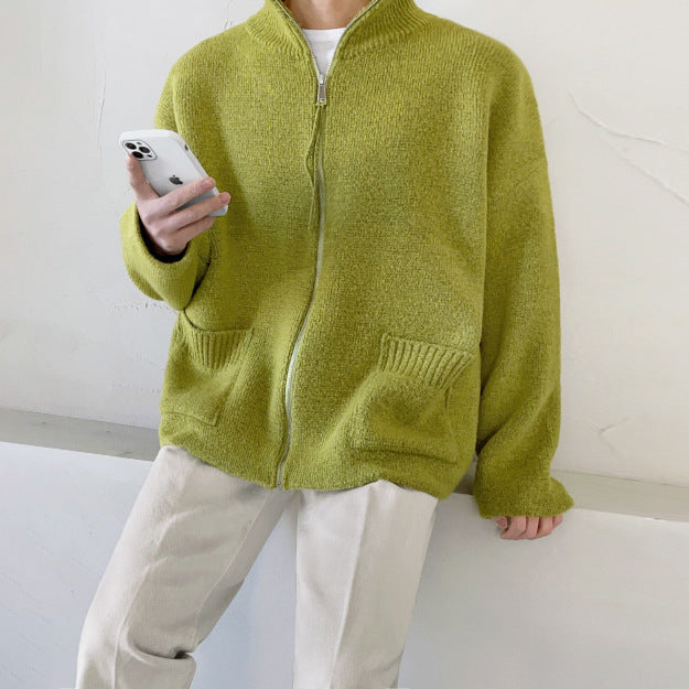 Men's Retro Cardigan Sweater Zipper Loose Stand Collar