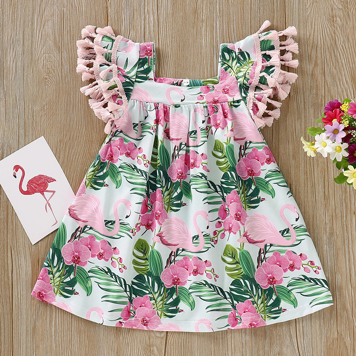 Dress Baby Summer Outfit Flamingo Fringed Sleeve Dress