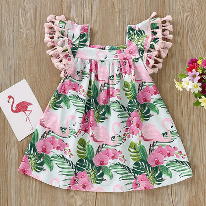 Dress Baby Summer Outfit Flamingo Fringed Sleeve Dress