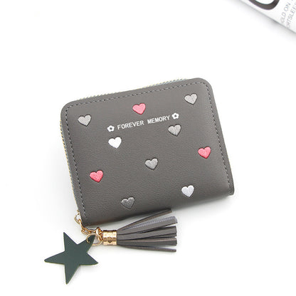 Embroidered Love Korean Women's Wallet Short Clutch Little Girl Coin Purse Women's Zipper Bag Card Holder Card Case