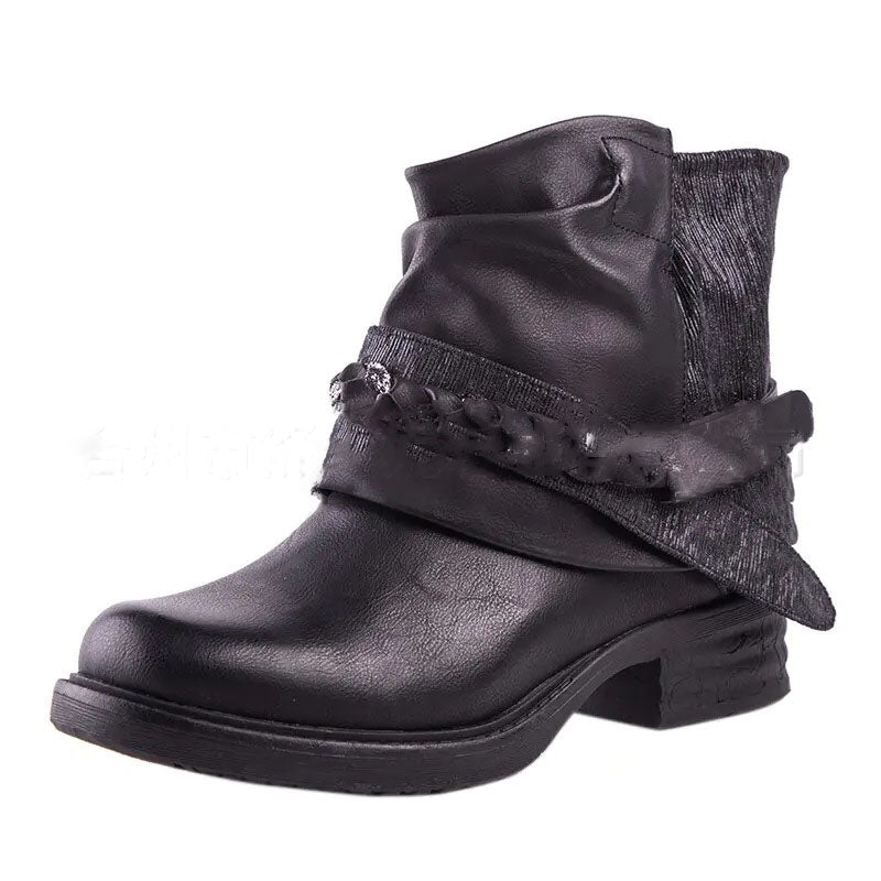 Large Size Leather Boots 43 Size Short Boots Square Heel Thick Heel Rhinestone Side Link Women's Boots
